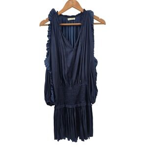 Ulla Johnson Mini Dress Womens 2 Navy Blue Aris Ruffle Smocked Cold Shoulder